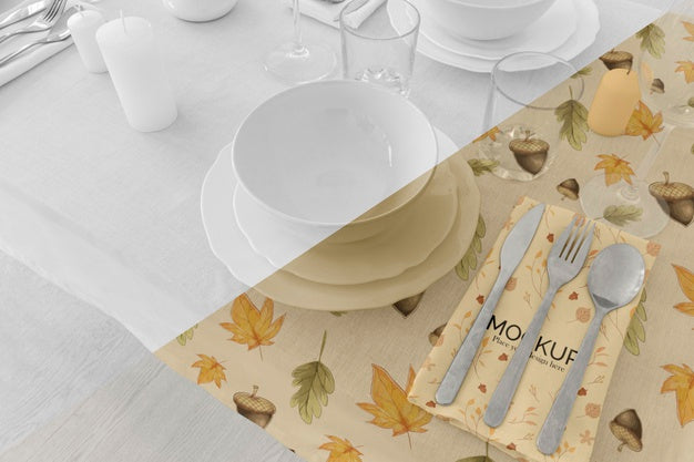 Thanksgiving Dinner Table Arrangement With Plates And Glasses Psd