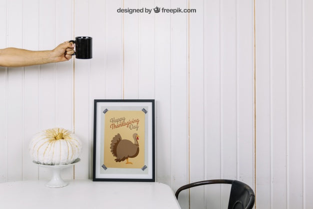 Thanksgiving Mockup With Frame And Mug Psd