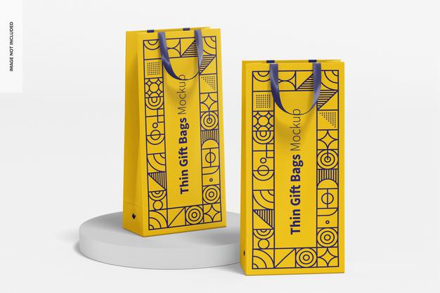 Thin Gift Bags With Ribbon Handle Mockup, Perspective Psd