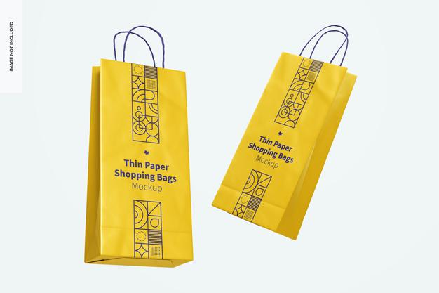 Thin Paper Shopping Bags Mockup, Floating Psd