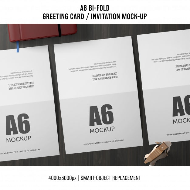 Three A6 Bi-Fold Invitation Card Mockup Psd