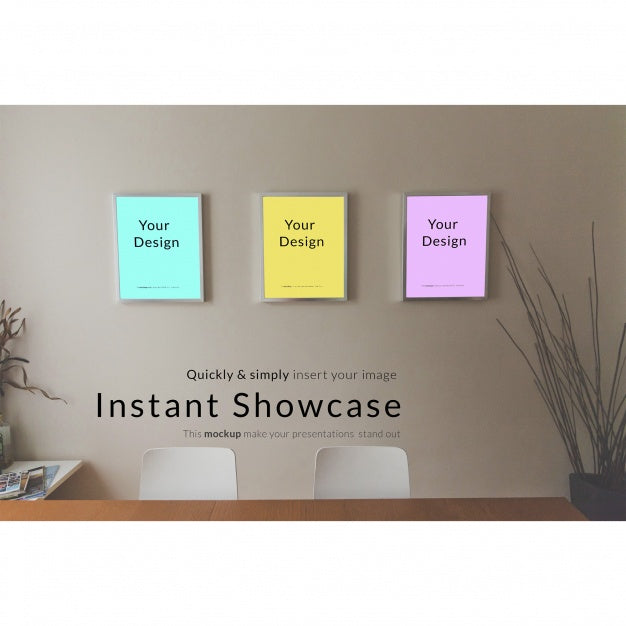 Three Frames On Brown Wall Mock Up Psd
