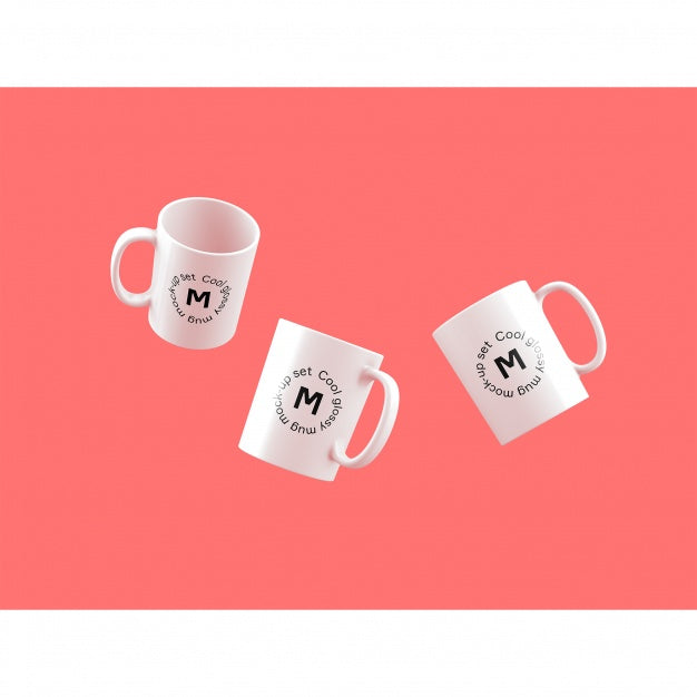 Three Mugs On Pink Background Mock Up Psd