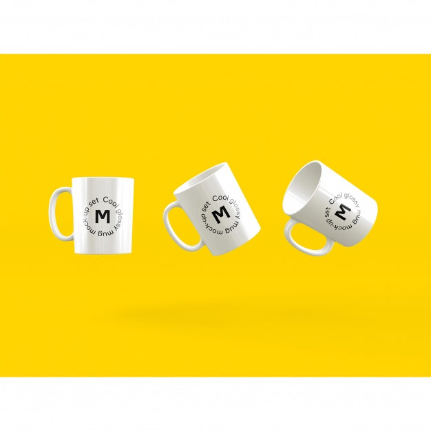 Three Coffee Mugs Floating PSD Mockup