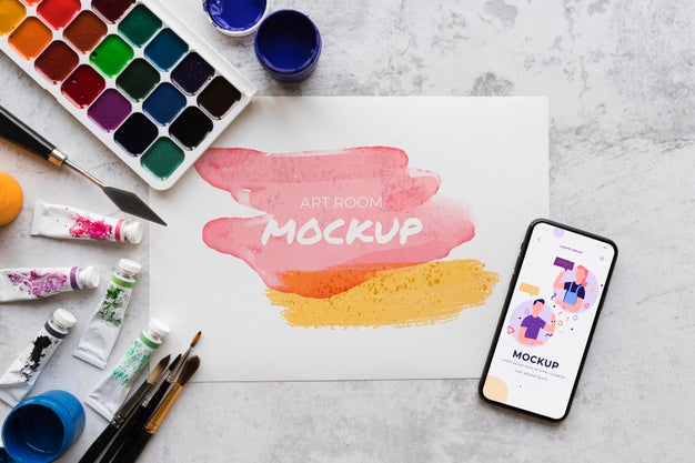 Top View Acrylic Palette And Brushes Psd