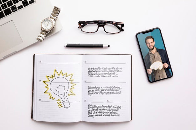 Top View Agenda And Phone Mock-Up Psd