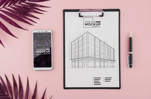 Top View Architecture Drawing With Mobile Phone And Pen Psd