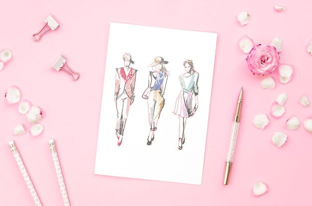 Top View Arrangement With Card Mock-Up On Pink Background Psd