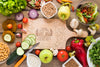 Top View Arrangement With Delicious Food And Cutting Board Psd