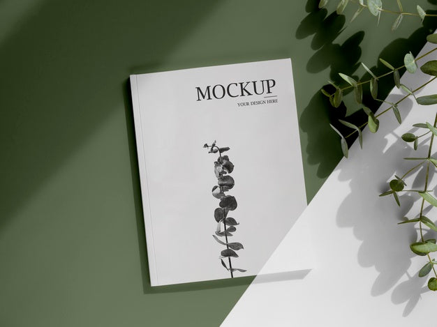 Top View Arrangement With Magazine And Leaves Psd