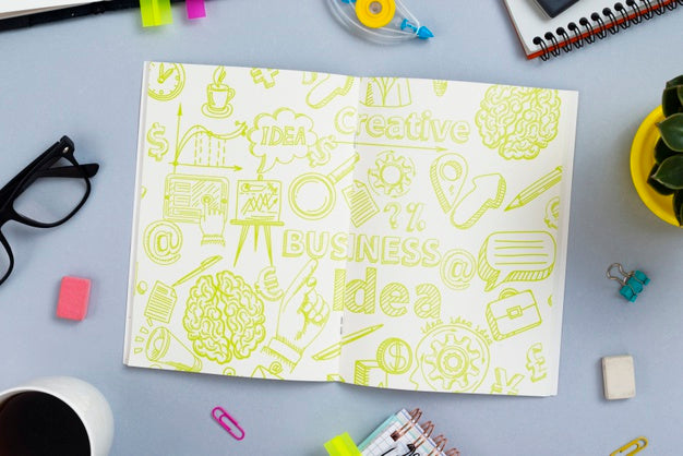 Top View Arrangement With Notebook And Glasses Mock-Up Psd