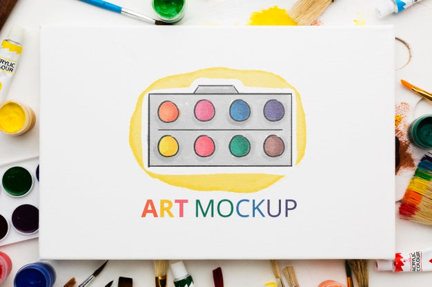 Top View Artist Desk With Canvas Psd