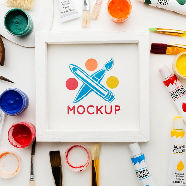 Top View Artist Desk With Frame Psd