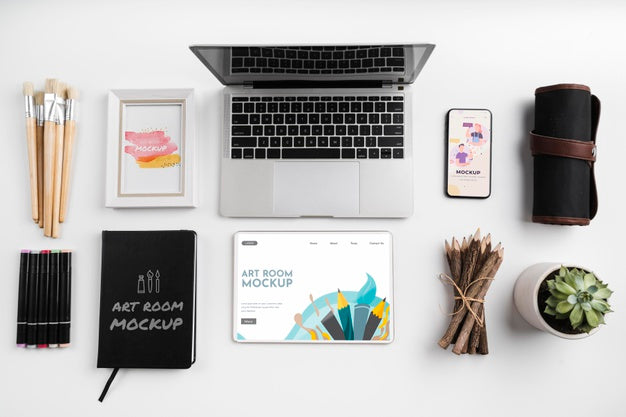 Top View Artist Painting Tools And Laptop Psd