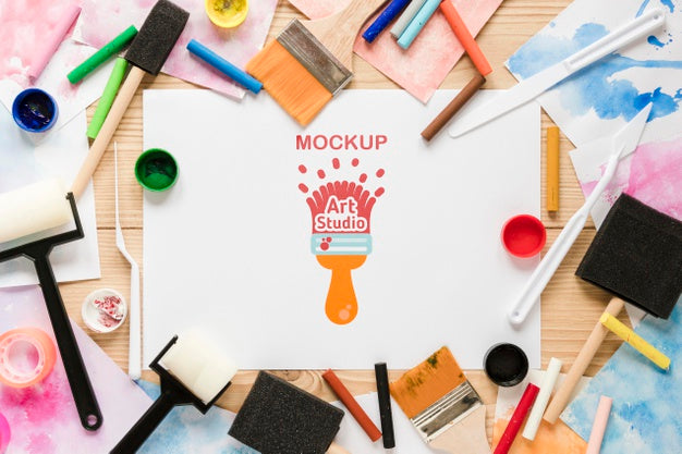 Top View Artistic Paint Accessories With Mock-Up Psd