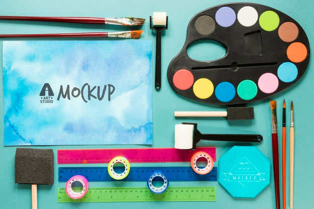 Top View Artistic Paint Accessories With Mock-Up Psd