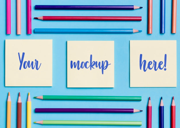 Top View Assortment Of Colorful Pencils And Notes Psd