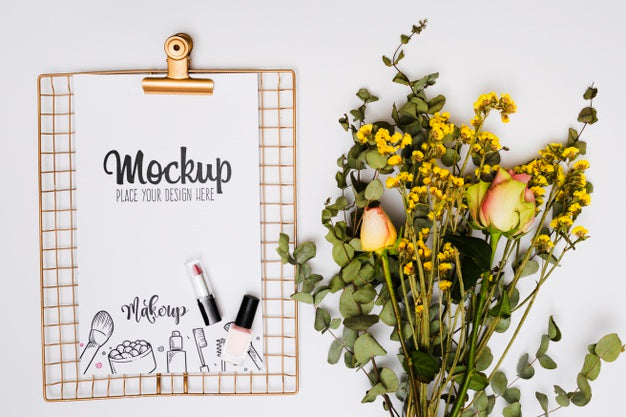 Top View Assortment Of Make-Up And Flowers Mock-Up Psd