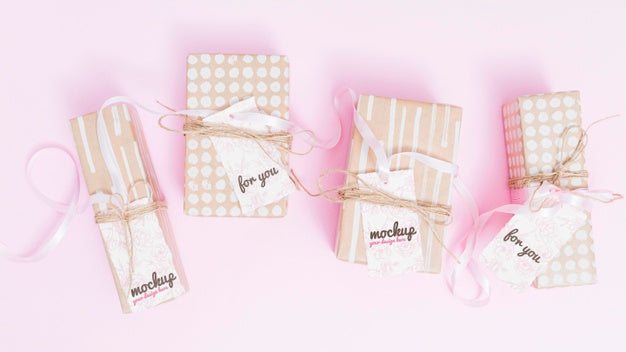 Top View Assortment Of Presents With Ribbon Psd