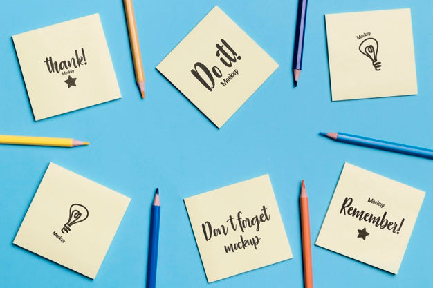 Top View Assortment Of Sticky Notes And Pencils Psd