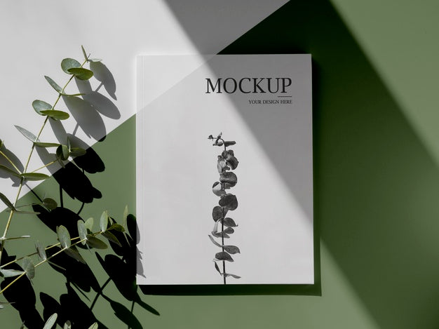 Top View Assortment With Magazine And Leaves Psd