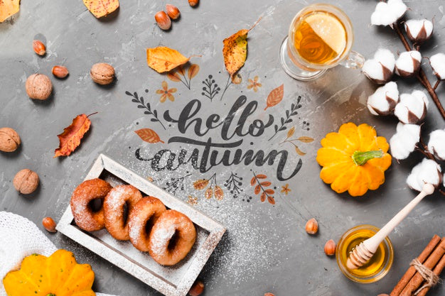 Top View Autumn Breakfast Concept On Stucco Background Psd