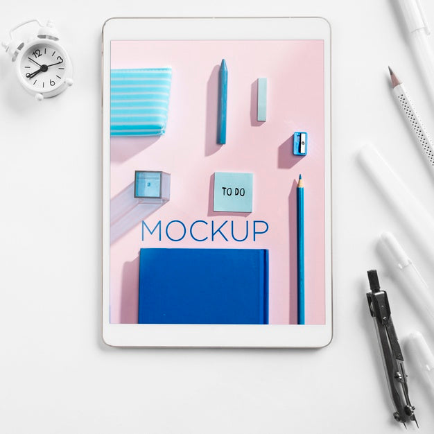 Top View Back To School Arrangement With Device Psd