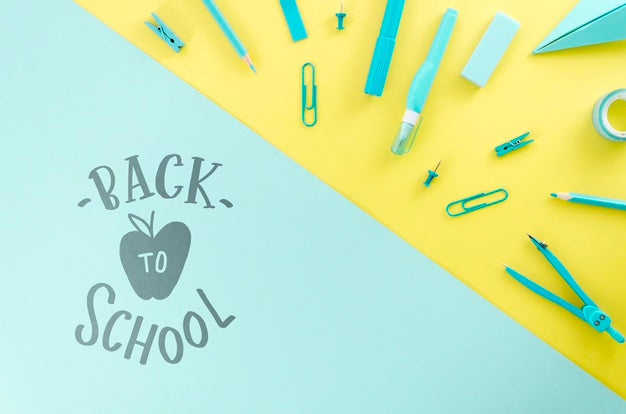 Top View Back To School With Blue Supplies Psd