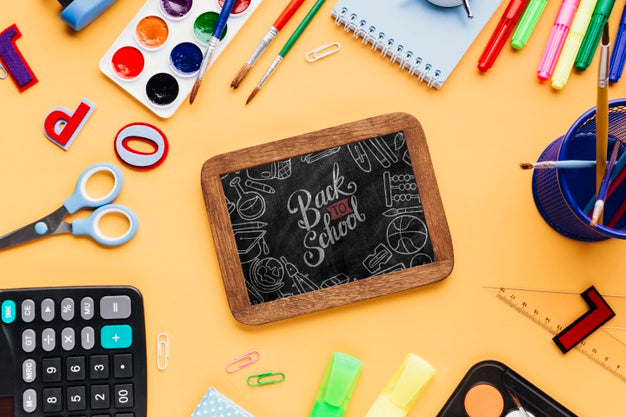 Top View Back To School With Mock-Up Chalkboard Psd