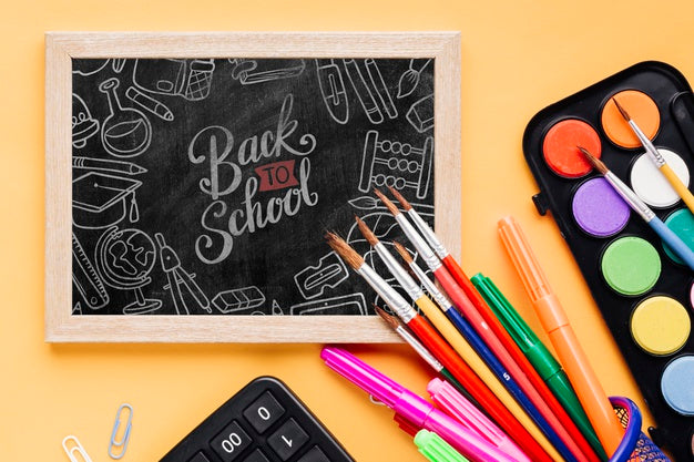 Top View Back To School With Mock-Up Chalkboard Psd