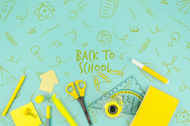 Top View Back To School With Yellow Supplies Psd