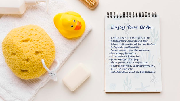 Top View Bath Sponge And Rubber Duck Psd