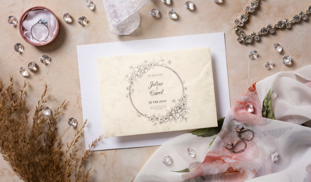 Top View Beautiful Arrangement Of Wedding Elements With Card Mock-Up Psd