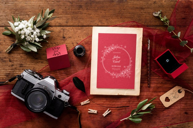 Top View Beautiful Composition Of Wedding Elements With Card Mock-Up Psd