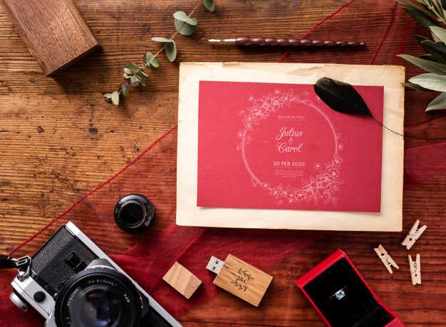 Top View Beautiful Composition Of Wedding Elements With Invitation Mock-Up Psd