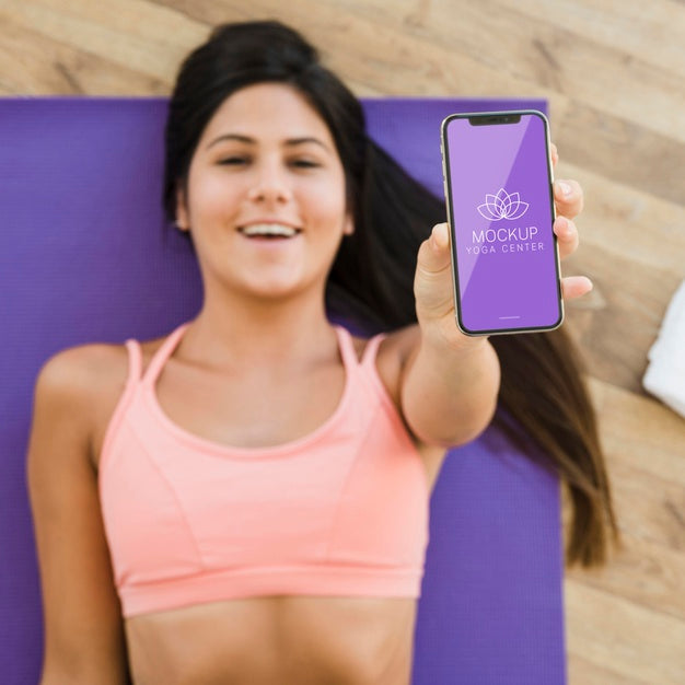 Top View Beautiful Woman Holding Phone Psd