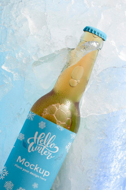 Top View Beer Bottle In Snow Psd