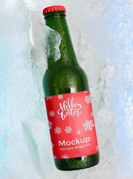 Top View Beer Bottle In Snow Psd