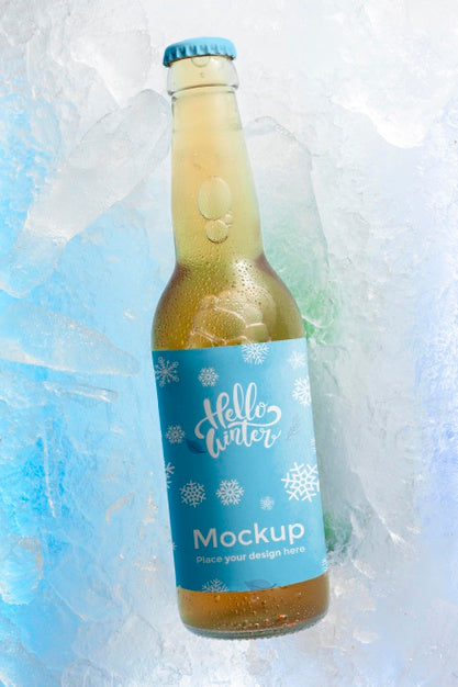 Top View Beer Bottle In Snow Psd
