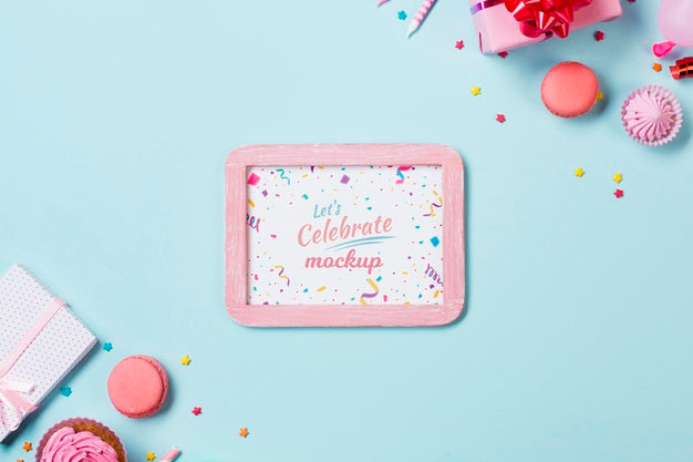 Top View Birthday Arrangement With Frame Psd