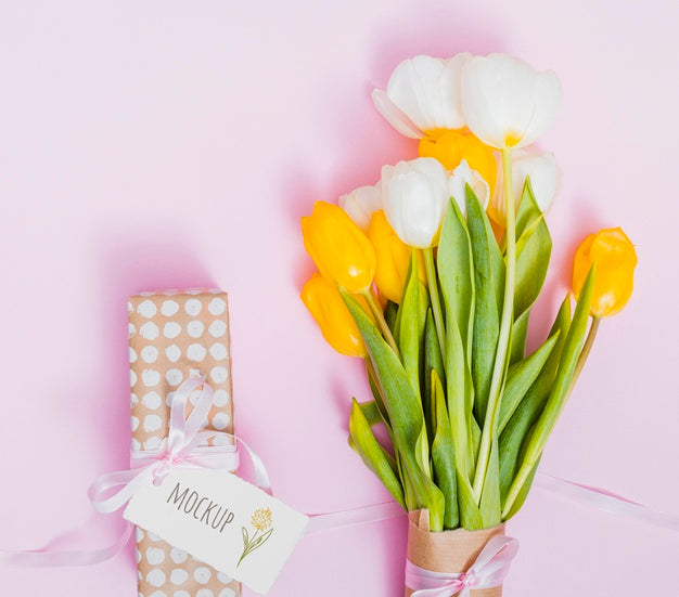 Top View Birthday Present With Flowers Psd