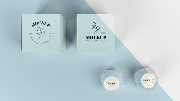 Top View Blue Boxes And Bath Bombs Psd
