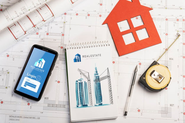 Top View Blue Print With Stationery Elements Psd