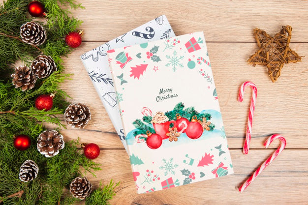 Top View Book For Christmas Gift With Decorations Psd