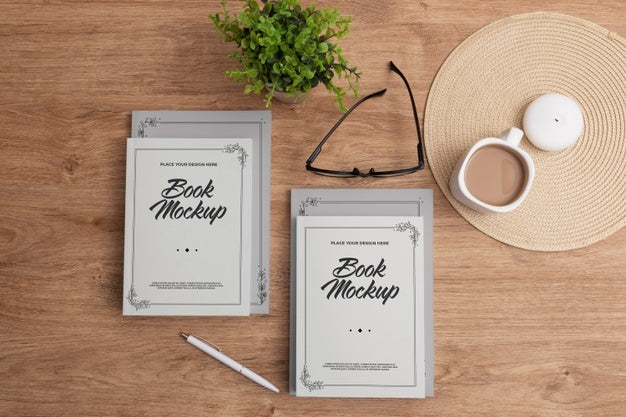 Top View Books And Plant Arrangement Psd