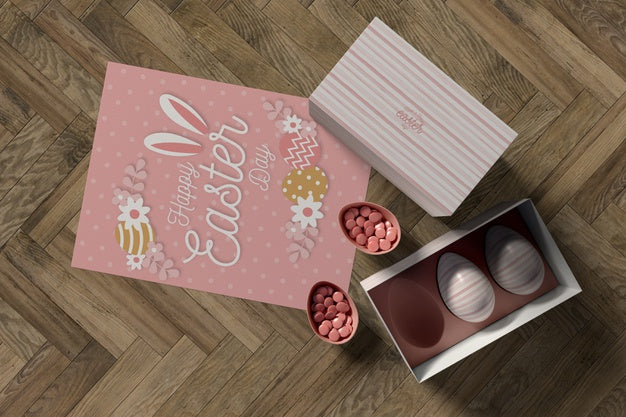 Top View Box With Eggs And Easter Card Psd