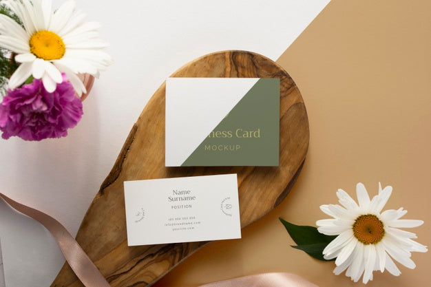 Top View Business Cards On Wood Piece Psd