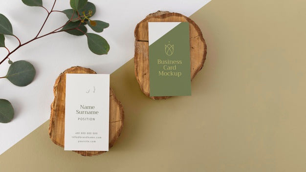 Top View Business Cards On Wood Psd