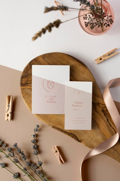 Top View Business Cards On Wooden Piece Psd