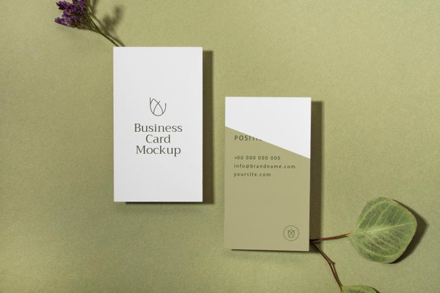 Top View Business Cards With Leaves Psd